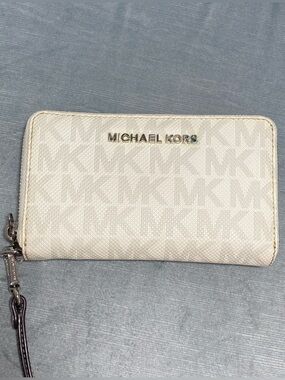 Michael Kors Vanilla Monogrammed Print Wristlet Wallet with Silver Hardware